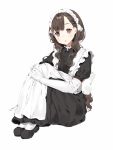  apron bad_id bad_pixiv_id bangs black_footwear blush brown_eyes brown_hair dress elbow_gloves eyebrows_visible_through_hair full_body gloves hair_ornament hairclip head_tilt highres knees_up long_dress long_hair looking_at_viewer maid maid_headdress ongyageum open_mouth original puffy_short_sleeves puffy_sleeves shoes short_sleeves simple_background sitting solo white_background white_gloves white_legwear 