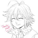  antenna_hair blush closed_eyes dated greyscale grin hair_between_eyes harumiya meliodas monochrome nanatsu_no_taizai portrait shirt smile solo thank_you twitter_username 