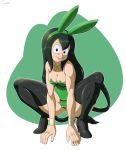  1girl asui_tsuyu bare_shoulders black_eyes black_hair boku_no_hero_academia breasts bunny_ears bunnysuit canime cleavage full_body green_hair high_heel_boots long_hair looking_at_viewer medium_breasts solo squatting thigh_boots thighhighs tongue tongue_out 