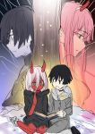  1boy 1girl :d bandage bandaged_feet bangs black_hair black_robe blush book breasts coat darling_in_the_franxx eyebrows_visible_through_hair finger_to_mouth fingernails fur-trimmed_coat fur-trimmed_sleeves fur_trim green_eyes grey_coat hair_between_eyes hiro_(darling_in_the_franxx) hiroki_(hirokiart) holding holding_book hood hood_down hooded_robe horns long_fingernails long_hair medium_breasts no_nipples nude open_mouth parted_lips pink_hair profile red_skin robe sharp_teeth smile snow teeth tree very_long_hair zero_two_(darling_in_the_franxx) 