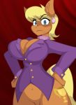  2018 anthro anthrofied blonde_hair blue_eyes bottomless breasts cleavage clothed clothing cutie_mark equine female friendship_is_magic hair horse jrvanesbroek mammal ms_harshwhinny_(mlp) my_little_pony piercing pony pose short_hair solo 