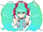  breasts colorized green_hair hatsune_miku headphones heterochromia highres jaco long_hair looking_at_viewer medium_breasts simple_background smile solo twintails vocaloid white_background 