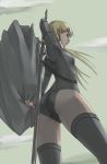  ass blonde_hair cape claymore claymore_(sword) cynthia_(claymore) long_hair looking_back low_twintails solo sword tea_(nakenashi) thighhighs twintails weapon 