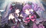  bang_dream! bangs black_bow black_choker black_feathers black_flower black_hair black_ribbon black_rose blue_flower blue_rose blurry blurry_background bow brooch choker commentary_request curly_hair detached_sleeves dress earrings feathers flower frilled_skirt frills hair_bow hair_feathers hair_flower hair_ornament hand_over_eye hand_to_own_mouth hime_cut holding_hands jewelry lace lace_choker long_hair multiple_girls neck_ribbon nennen petals pink_neckwear purple_feathers ribbon rose shirokane_rinko skirt twintails udagawa_ako upper_body white_neckwear 