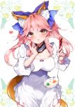  animal_ear_fluff animal_ears blue_ribbon blush bow breasts cleavage fang fate/grand_order fate_(series) food fox_ears fox_tail hair_bow hair_ribbon heart heart-shaped_pupils highres kanola_u large_breasts open_mouth pink_hair ribbon solo spoon symbol-shaped_pupils tail tamamo_(fate)_(all) tamamo_no_mae_(fate) vegetable yellow_eyes 