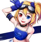  alternate_eye_color alternate_hairstyle armband blonde_hair blue_eyes breasts collar goggles goggles_on_head hair_between_eyes heterochromia kagamine_rin kimbulsae looking_at_viewer navel one_side_up open_mouth project_diva_(series) project_diva_x red_eyes short_hair simple_background small_breasts smile solo vocaloid white_background 