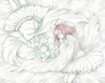  ahoge alternate_costume androgynous bed_sheet closed_eyes colored_eyelashes green_hair hair_ribbon houseki_no_kuni lying multiple_others on_back on_side phosphophyllite pillow red_hair ribbon shinsha_(houseki_no_kuni) short_hair shuiqin skirt sleeping sleepwear white wide_sleeves 