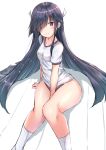  black_hair blush breasts buruma commentary eyebrows_visible_through_hair gym_uniform hair_over_one_eye hair_ribbon hayashimo_(kantai_collection) highres kantai_collection long_hair looking_at_viewer purple_eyes ribbon short_sleeves simple_background sitting sketch small_breasts smile socks solo thick_thighs thighs very_long_hair white_background white_legwear wide_hips yukishiro_arute 