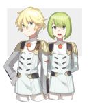  1girl :d arms_behind_back blonde_hair bob_cut cropped_legs darling_in_the_franxx gloves green_eyes green_hair grey_eyes hand_on_hip looking_at_viewer military military_uniform nine_alpha nine_delta open_mouth pants short_hair smile unapoppo uniform white_gloves white_pants 