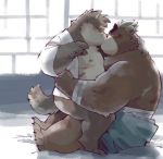  2018 ashigara barazoku bear bed blush canine dog garouzuki grizzly_bear inside kemono kissing male male/male mammal moritaka muscular obese overweight scar tokyo_afterschool_summoners 