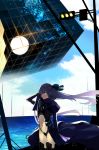  binary blue_eyes blue_sky fate/extra fate/extra_ccc fate_(series) hair_ribbon highres juliet_sleeves long_coat long_sleeves meltlilith navel profile puffy_sleeves purple_hair ribbon sky sleeves_past_wrists traffic_light yuge_(yuge_bakuhatsu) 