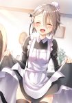  :d ^_^ alternate_costume ange_(princess_principal) apron bangs black_dress black_legwear black_ribbon blurry blurry_background blush braid brown_hair closed_eyes commentary_request depth_of_field dress dutch_angle enmaided eyebrows_visible_through_hair facing_viewer hair_between_eyes hair_ribbon highres indoors juliet_sleeves long_sleeves maid maid_apron maid_cap open_mouth picture_frame piripun princess_principal puffy_sleeves ribbon signature skirt_hold smile solo thighhighs white_apron 