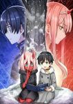  1boy 1girl :d bandage bandaged_feet bangs black_hair black_robe blush book breasts coat darling_in_the_franxx eyebrows_visible_through_hair finger_to_mouth fingernails fur-trimmed_coat fur-trimmed_sleeves fur_trim green_eyes grey_coat hair_between_eyes hiro_(darling_in_the_franxx) hiroki_(hirokiart) holding holding_book hood hood_down hooded_robe horns long_fingernails long_hair medium_breasts no_nipples nude open_mouth parted_lips pink_hair profile red_skin robe sharp_teeth smile snow teeth tree very_long_hair zero_two_(darling_in_the_franxx) 