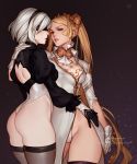  absurdres arm_around_shoulder ass ass_visible_through_thighs black_blindfold black_legwear blindfold blonde_hair dress hairband highres leotard leotard_under_clothes lera_pi long_hair looking_at_viewer multiple_girls nier_(series) nier_automata no_pants parted_lips short_hair silver_hair thighhighs very_long_hair yorha_infantry_squad_commander yorha_no._2_type_b 