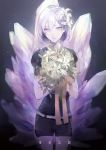  androgynous bouquet copyright_name crystal diamond diamond_(houseki_no_kuni) flower gem gem_uniform_(houseki_no_kuni) hair_flower hair_ornament highres houseki_no_kuni lily_(flower) looking_at_viewer short_hair smile solo wanchong white_eyes white_hair 