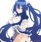  apron blue_eyes blue_hair breasts cleavage contrapposto copyright_request cowboy_shot doremi dress dress_lift gloves hand_up heart highleg highleg_panties highres large_breasts long_hair panties pointy_ears simple_background smile solo standing twintails underwear waist_apron white_apron white_background white_gloves white_panties 