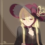  black_dress blonde_hair bow brown_background capelet chin_strap doremi dress frilled_hat frills hat hat_bow hat_ribbon korean long_hair long_sleeves looking_at_viewer original parted_lips red_bow red_eyes red_hat ribbon signature solo upper_body 