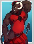  anthro body_hair canine chest_hair clothed clothing demon horn huge_bulge hybrid knuxlight looking_at_viewer male mammal musclegut muscular muscular_male nipple_piercing nipples pecs piercing smile solo tight_clothing topless 