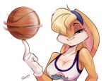  2018 anthro ball basketball basketball_(ball) big_breasts blonde_hair bra breasts buckteeth cleavage clothed clothing female floppy_ears gloves hair hair_over_eye hairband lagomorph lola_bunny looking_at_viewer looney_tunes mammal rabbit short_hair simple_background smile solo space_jam spirale sports_bra teeth underwear warner_brothers white_background 