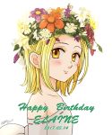  bare_shoulders blonde_hair blush dated detached_sleeves dress elaine flower_wreath happy_birthday harumiya head_wreath looking_at_viewer nanatsu_no_taizai ribbon-trimmed_sleeves ribbon_trim short_hair solo twitter_username white_background white_dress yellow_eyes 