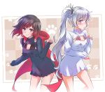 animal_band blue_eyes blush cape check_commentary cleavage_cutout commentary_request dress iesupa long_hair meme_attire multiple_girls open-chest_sweater paw_pose paw_print ruby_rose rwby short_hair silver_eyes sweater sweater_dress very_long_hair weiss_schnee white_hair 