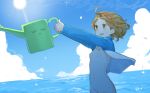  ahoge blue_jacket blue_sky breasts brown_eyes brown_hair cloud cloudy_sky day doremi floating_hair hairband hands_up horizon jacket long_sleeves naked_coat navel nipples ocean open_mouth original out-of-frame_censoring outdoors short_hair signature sky small_breasts solo sun sweatdrop watering_can 