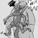  angry baby_carrier black_and_white claws clothing fangs horn human humor kobold male mammal monochrome scalie simple_background slit_pupils unknown_artist 