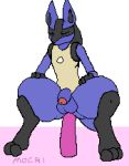  abdominal_bulge anal anal_penetration animated anthro balls black_fur blue_fur butt crouching dildo eyes_closed flaccid fur hands_on_legs humanoid_penis lucario male mocri nintendo nude penetration penis pok&eacute;mon pok&eacute;mon_(species) sex_toy simple_background solo video_games yellow_fur 