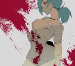  bandage_over_one_eye blood blood_splatter bloody_clothes blue_hair breasts cleavage enisabi hat nurse nurse_cap purple_eyes simple_background skullgirls solo surgical_mask tied_hair valentine_(skullgirls) 