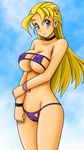  1girl bikini blonde_hair blue_eyes breasts cryptobiosis erect_nipples furinji_miu highres history&#039;s_strongest_disciple_kenichi kenichi large_breasts miu_furinji purple_bikini shijou_saikyou_no_deshi_ken'ichi smile solo swimsuit tsumitani_daisuke 