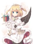  bell black_legwear black_wings blonde_hair blue_eyes blush bow character_request christmas dress english floating floating_object gift gloves heart holding holding_gift looking_at_viewer merry_christmas mismatched_wings rento_(rukeai) shironeko_project short_hair star thighhighs tiara twitter_username white_bow white_dress white_gloves white_wings wings 