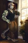  2018 anthro biceps clothed clothing digital_media_(artwork) feline fur grey_fur leopard male mammal muscular muscular_male pecs revelion scar simple_background snow_leopard spots 