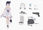  absurdres aer7o ankle_lace-up bag bangs bare_shoulders black_bow blue_eyes bow bracelet butterfly_hair_ornament character_sheet choker closed_mouth collarbone criss-cross_halter cross-laced_footwear dress gun hair_ornament halterneck handbag handgun highres holding holding_bag jewelry looking_at_viewer off-shoulder_dress off_shoulder one_side_up original pill polka_dot polka_dot_bow purple_background purple_hair simple_background solo weapon weapon_request white_choker white_dress white_footwear 