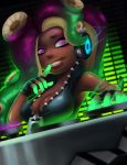  absurdres aqua_eyes asymmetrical_hair bare_arms bare_shoulders bioluminescence breasts cleavage collared_vest commentary dark_skin dj dutch_angle energy finger_to_mouth fingerless_gloves gloves glowing_skin green_hair green_skin hand_up headphones high_collar highres iida_(splatoon) lips long_hair looking_at_viewer makeup mascara medium_breasts mole mole_under_mouth multicolored multicolored_skin octarian parted_lips phonograph pink_pupils purple_hair reagan_long smile solo splatoon_(series) splatoon_2 suction_cups tentacle_hair turntable unzipped upper_body vest zipper zipper_pull_tab 