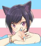  ambiguous_gender animal_ears black_hair bracelet cat_ears claw_pose claws collarbone extra_ears eyebrows_visible_through_hair fingernails highres jewelry looking_at_viewer multicolored multicolored_nails nail_polish original pas'_black-haired_catperson pas_(paxiti) purple_eyes sharp_fingernails short_hair transgender_flag tsurime 