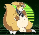  2018 abstract_background animal_genitalia balls belly big_claws big_tail brown_fur claws digital_media_(artwork) eyewear fluffy fluffy_tail front_view fur graedius_(artist) graedius_(linoone) green_background green_eyes linoone male mostly_nude nintendo penis penis_tip pok&eacute;mon pok&eacute;mon_(species) scarf semi-anthro sheath shutter_shades simple_background solo standing tan_fur toe_claws vaporwave video_games 