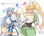  2girls ahegao asuna_(sao) blonde_hair blue_eyes blue_hair blush cleavage clenched_teeth dress erect_nipples green_eyes huge_breasts lactation leafa long_hair milk open_mouth ponytail sachito saliva speech_bubble sword_art_online tap text_focus thighhighs translation_request 