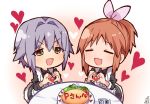  :3 abe_nana apron bad_id bad_twitter_id bangs bow brown_eyes brown_hair closed_eyes food heart heart_hands idolmaster idolmaster_cinderella_girls koshimizu_sachiko maid maid_apron moe_moe_kyun! multiple_girls omuretsu omurice open_mouth pink_bow ponytail purple_hair short_hair sidelocks simple_background table v-shaped_eyebrows 