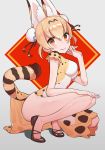  absurdres adapted_costume alternate_hairstyle animal_ears bare_arms bare_legs blonde_hair blush china_dress chinese_clothes commentary double_bun dress dress_shoes extra_ears eyebrows_visible_through_hair highres kemono_friends multicolored_hair omucchan_(omutyuan) serval_(kemono_friends) serval_ears serval_print serval_tail short_hair short_sleeves solo squatting tail thighs 
