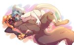 2018 anthro anthro_on_anthro anus big_breasts blonde_hair blush breast_size_difference breasts brown_fur butt claws duo eyes_closed female female/female fingering fingering_partner fur hair hand_behind_back interspecies lying nipples on_back pawpads ponytail pussy seamen side_boob simple_background size_difference slightly_chubby smile spread_legs spreading toe_claws unknown_species vaginal vaginal_fingering white_fur yellow_eyes 
