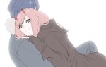  1boy 1girl black_cloak black_hair cloak coat couple darling_in_the_franxx fringe fur_trim green_eyes grey_coat hiro_(darling_in_the_franxx) hooded_cloak horns hug long_hair npn oni_horns parka pink_hair red_horns short_hair winter_clothes winter_coat zero_two_(darling_in_the_franxx) 