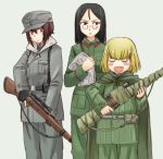  :d ammunition_pouch bangs belt black_belt black_gloves black_hair blonde_hair blue_eyes blush_stickers bolt_action brown_eyes brown_hair cape closed_eyes commentary cosplay emblem enemy_at_the_gates fang fingerless_gloves frown girls_und_panzer glasses gloves green_cape green_jacket green_pants grey_background grey_coat grey_hat grey_pants gun holding holding_gun holding_weapon iron_cross jacket katyusha long_hair long_sleeves looking_at_another mauser_98 military military_uniform mosin-nagant multiple_girls newspaper nishizumi_maho nonna open_mouth pants pince-nez pouch rifle round_eyewear sam_browne_belt scope short_hair smile sniper_rifle standing swept_bangs uniform uona_telepin v-shaped_eyebrows weapon 
