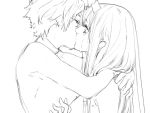  1boy 1girl asymmetrical_horns breasts couple crying crying_with_eyes_open darling_in_the_franxx eyes_closed face-to-face fringe greyscale hetero hiro_(darling_in_the_franxx) horns hug large_breasts long_hair looking_at_another monochrome npn oni_horns short_hair zero_two_(darling_in_the_franxx) 