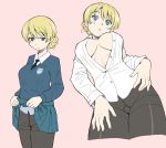  bangs black_legwear black_neckwear blonde_hair blue_eyes blue_skirt blue_sweater blush braid breasts breasts_apart closed_mouth collared_shirt commentary cropped_legs crotch_seam darjeeling dress_shirt emblem eyebrows_visible_through_hair girls_und_panzer groin gusset hand_on_own_leg lifted_by_self long_sleeves looking_at_viewer looking_down medium_breasts miniskirt multiple_views necktie no_pants open_clothes open_shirt pantyhose parted_lips pink_background pleated_skirt school_uniform shirt short_hair skirt skirt_lift smile st._gloriana's_school_uniform standing sweater swept_bangs thighs tied_hair unbuttoned unbuttoned_shirt uona_telepin v-neck white_shirt wing_collar 