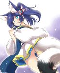  animal_ears ass azur_lane bangs blue_eyes blue_hair blush closed_mouth eromame extra_ears eyebrows eyebrows_visible_through_hair fox_ears fox_tail from_behind hair_ornament high_ponytail inconvenient_tail jintsuu_(azur_lane) light_particles long_hair long_sleeves looking_away miniskirt off_shoulder panties pantyshot pantyshot_(standing) pleated_skirt skirt smile solo standing swept_bangs tail thigh_gap twitter_username underwear white_panties white_skirt wide_sleeves 