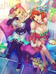  2girls bare_shoulders bell blonde_hair blush breasts christmas dress fingerless_gloves fur_trim gift gloves hat headpiece highres hikari_(xenoblade_2) homura_(xenoblade_2) large_breasts merry_christmas multiple_girls nintendo red_dress red_eyes red_gloves red_hair sack santa_costume santa_hat short_hair shrimqsleeq tiara xenoblade_(series) xenoblade_2 