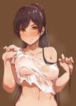  bangs black_hair blush breasts brown_background collarbone commentary_request hair_between_eyes highres idolmaster idolmaster_shiny_colors large_breasts long_hair looking_at_viewer navel off_shoulder ponytail shirase_sakuya shirt simple_background smile solo tokiwa_midori_(kyokutou_funamushi) wet wet_clothes wet_shirt wet_t-shirt white_shirt yellow_eyes 