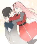  1boy 1girl black_hair black_legwear blue_eyes breasts couple darling_in_the_franxx eyebrows_visible_through_hair face-to-face fringe green_eyes hair_ornament hairband hand_on_another&#039;s_face hetero hiro_(darling_in_the_franxx) horns ichie_ee long_hair looking_at_another medium_breasts military military_uniform oni_horns pantyhose pink_hair red_horns short_hair smile tears uniform white_hairband zero_two_(darling_in_the_franxx) 