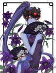  alternate_costume black_lily_widowmaker breasts china_dress chinese_clothes covering_mouth cowboy_shot dress earrings fan floral_background floral_print flower folding_fan head_mounted_display jewelry lily_(flower) long_hair looking_at_viewer medium_breasts overwatch ponytail purple_hair purple_skin solo stud_earrings very_long_hair white_background widowmaker_(overwatch) yellow_eyes zonana 