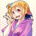  :d blue_scrunchie blue_shirt blush fingernails hair_ornament hair_scrunchie hood hood_down jaco kagerou_project kisaragi_momo looking_at_viewer one_side_up open_mouth orange_hair red_eyes scrunchie shirt short_hair smile solo upper_body v 